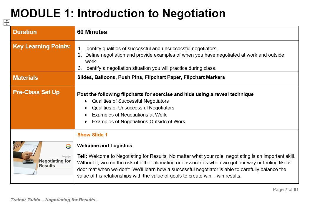 Negotiation Skills - Training Workshop Pack