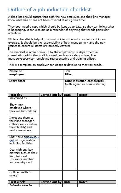 Sample HR Documents - Outline of a job Induction Checklist