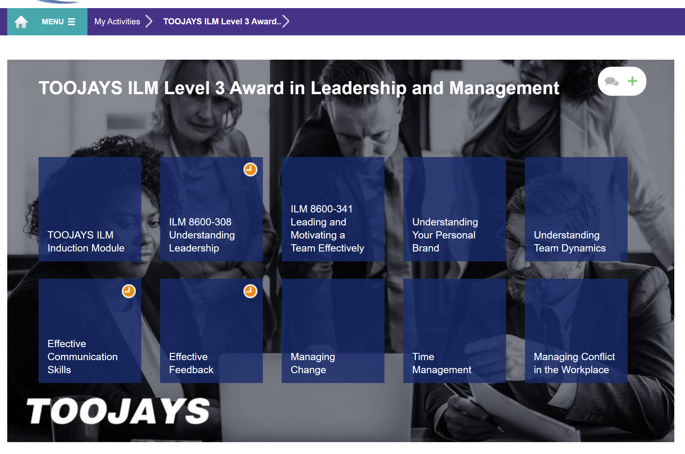 This image is a screen print of the course overview page. Showing the ten modules of the course. This include the introduction, understanding leadership. effective communication, effective feedback, leading and motivating a team effectively, managing change, understanding your personal brand, time management, understanding team dynamics, and managing conflict in the workplace