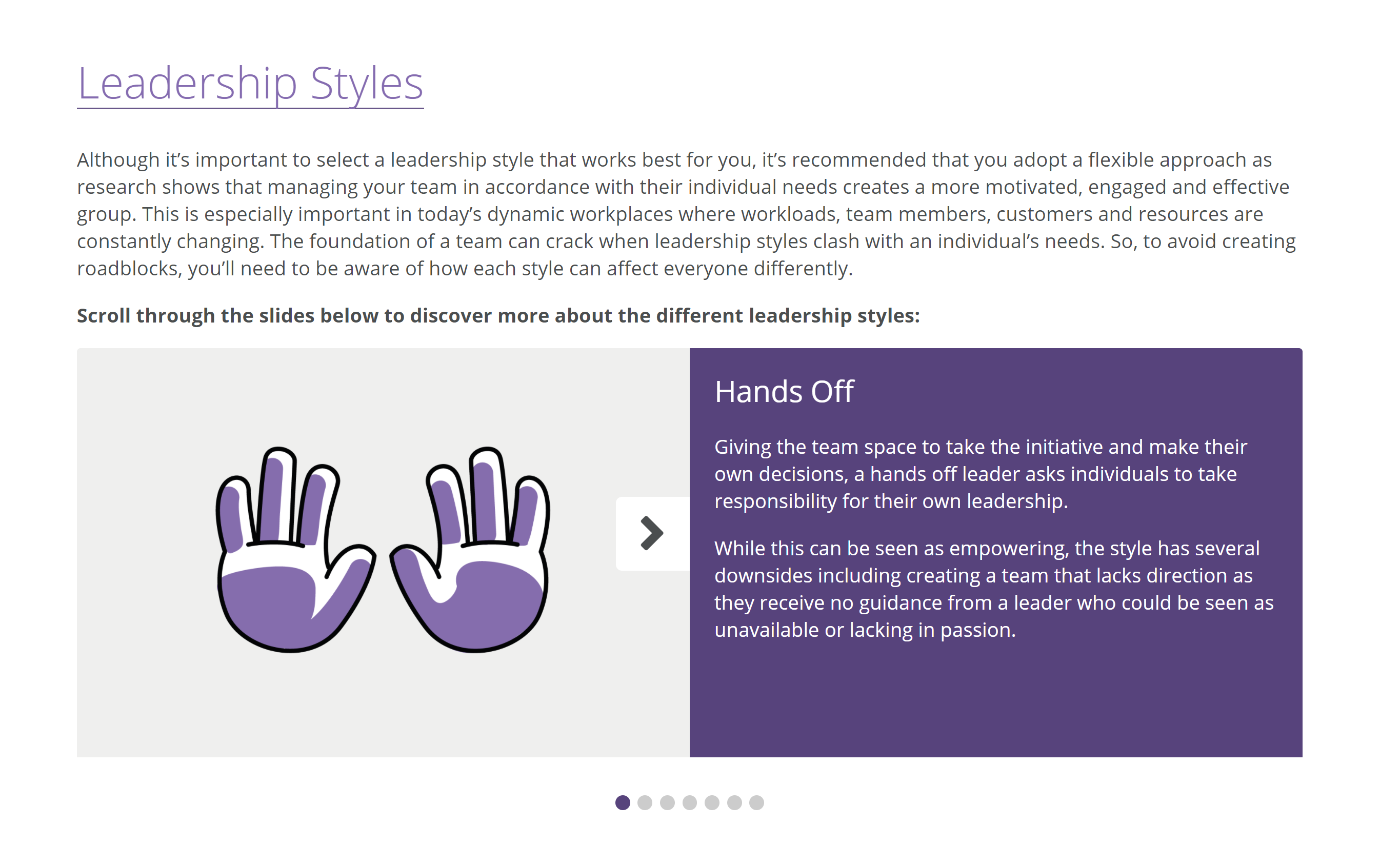 This image shows a screen shot of the developing leadership module